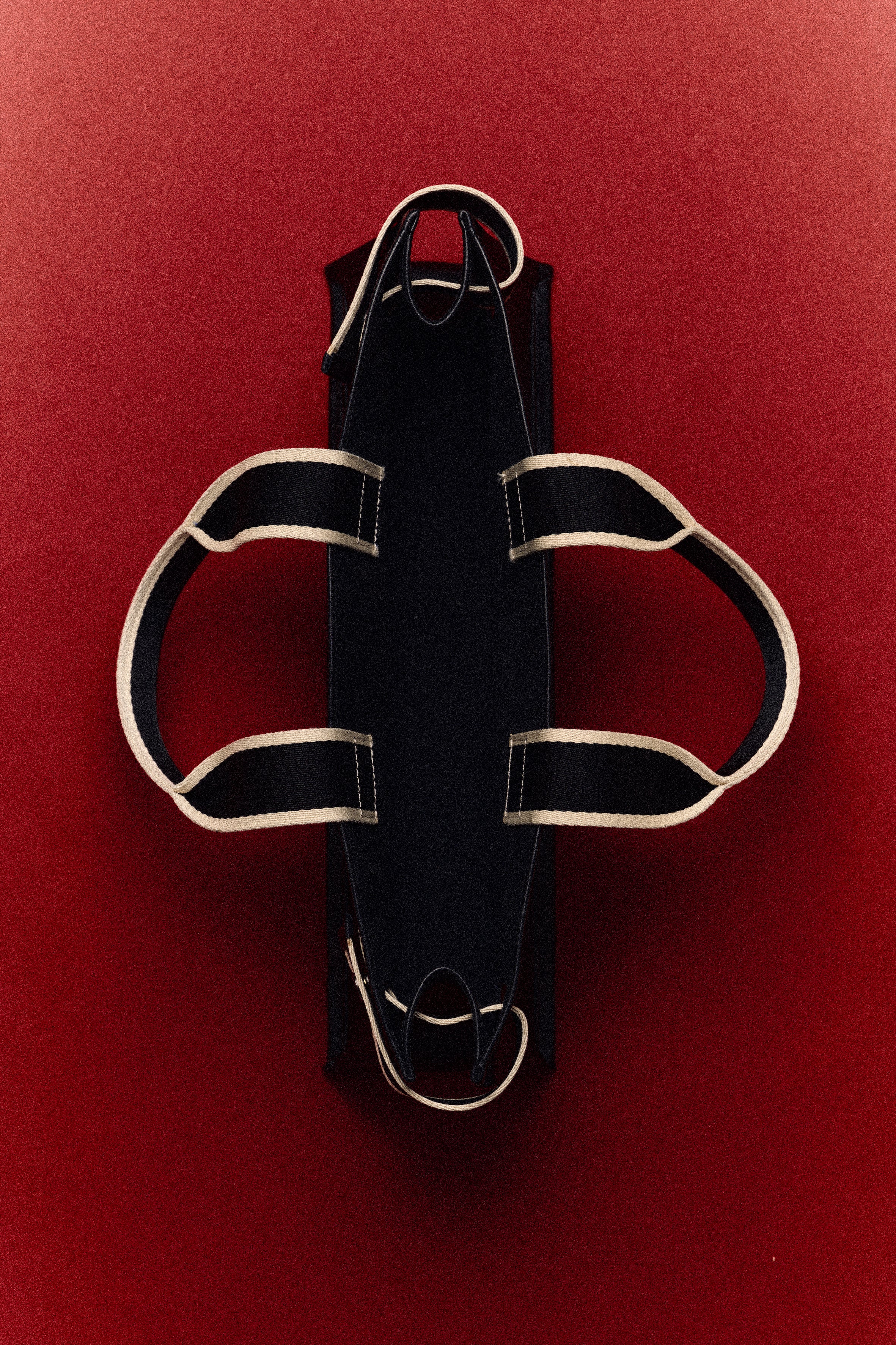 Top view of structured leather tote bag — NUMÉRO 02by atelier &LAB, graphic silhouette on red background