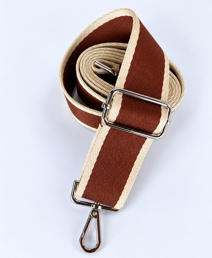 Detachable and adjustable woven shoulder strap in rust and ecru by Hiroki AMANO — atelier &LAB, featuring a silver-tone metal buckle and swivel hooks. Designed for use with selected leather handbags and tote bags.