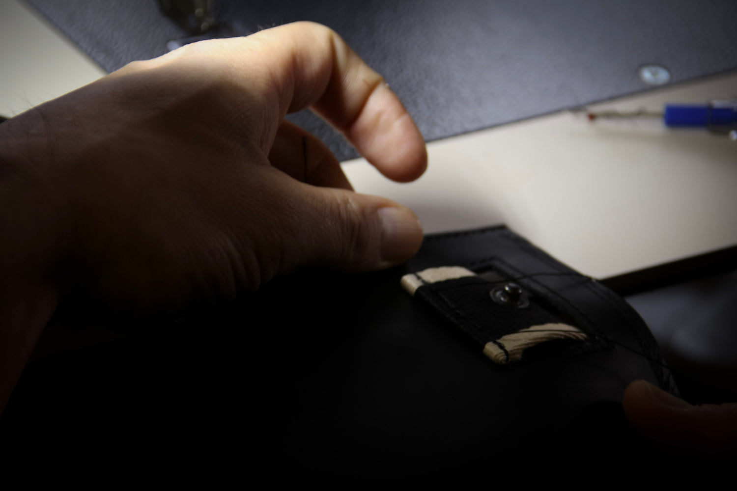 Material study of leather volumes — structural tension at &LAB studio, Paris.